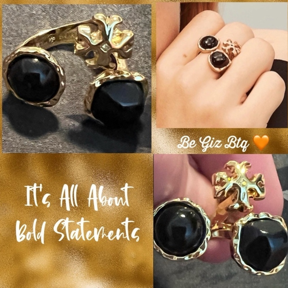 🔥🔥Tory Burch Authentic Roxanne Semiprecious Statement Ring Black And Gold Size 7 - Picture 2 of 16